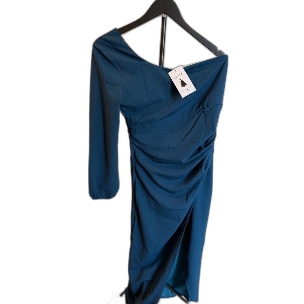 Zesica One-Shoulder Teal Ruched Maxi Dress L - Picture 1 of 5